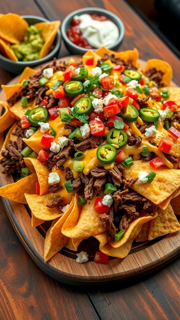 A colorful plate of loaded nachos with brisket, cheese, jalapeños, and fresh toppings, accompanied by guacamole and sour cream.